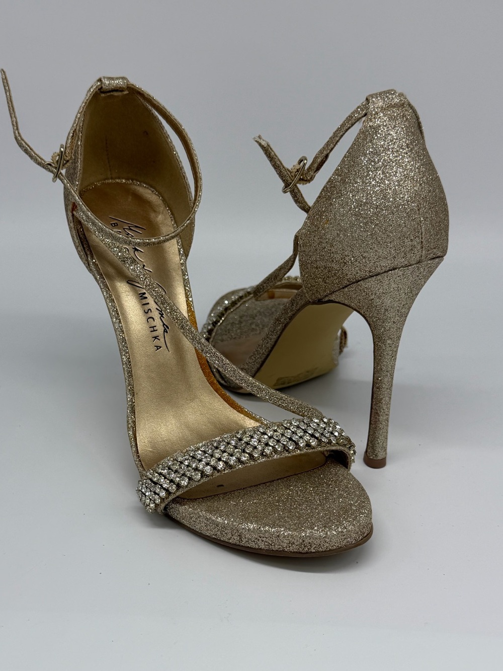 Badgley Mischka Glitter Gold Crystal-Strap Stiletto Sandals